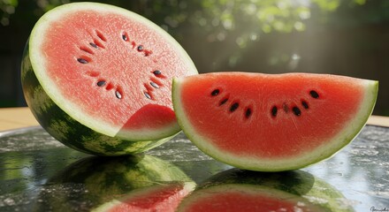 Fresh watermelon slices on shiny surface with natural background  