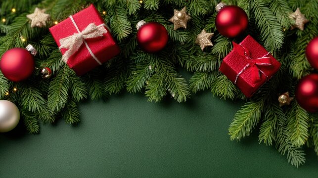 Festive Christmas arrangement with red gifts, ornaments, and pine branches on a green background.