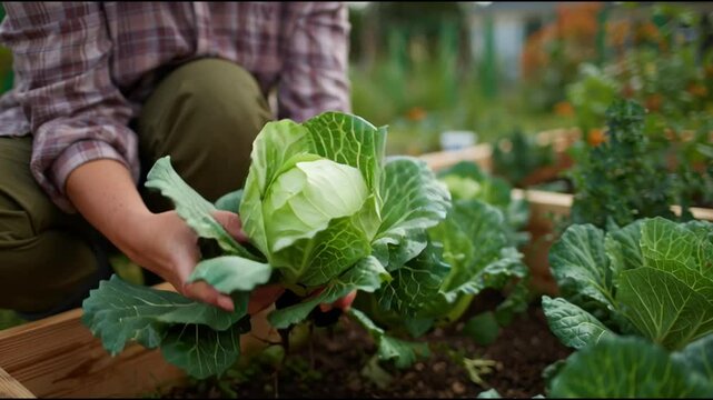 Gardener harvesting fresh cabbage in raised garden bed during sunny day in spring
