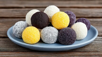 Colorful round sweets piled on a plate.