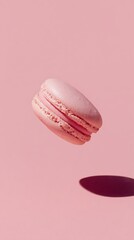 A pastel pink macaron floats on a light pink background, casting a soft shadow below. The lighting emphasizes the delicate texture and subtle imperfections of the dessert
