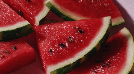 Close-up of juicy watermelon slices with seeds, showcasing vibrant red flesh and textured green rind.