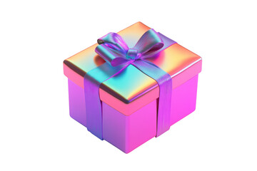 Obraz premium Iridescent gift box with ribbon tied in a bow isolated on transparent background