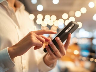 Female using smartphone for communication in illuminated modern environment