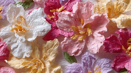 Colorful crepe paper flowers in various shades create a vibrant and textured floral arrangement on a light background.