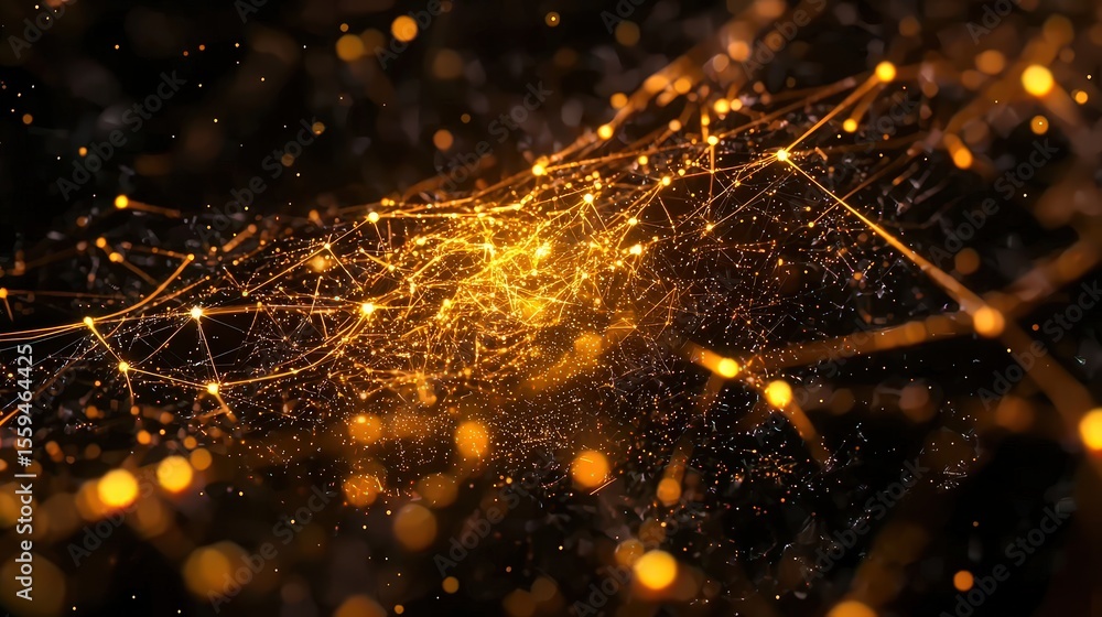 Poster Wide angle dynamic tech background featuring golden particles in a futuristic digital innovation scene