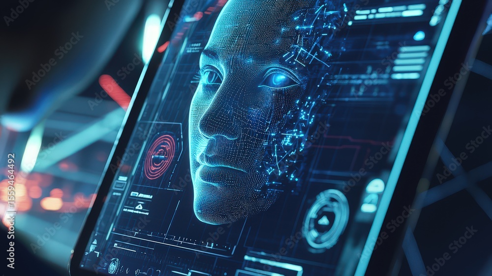 Aufkleber Facial recognition system scanning user's face on device digital environment high-tech viewpoint innovation concept
