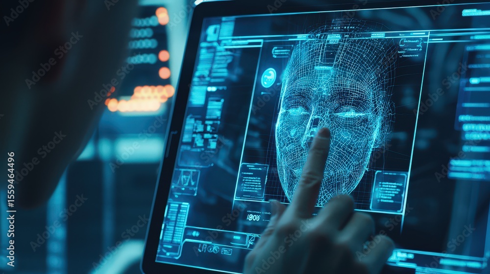 Poster Facial recognition technology scanning user's face in high-tech lab environment digital interface futuristic concept