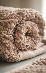 Luxurious beige shag bath mat detail offering comfort and relaxation