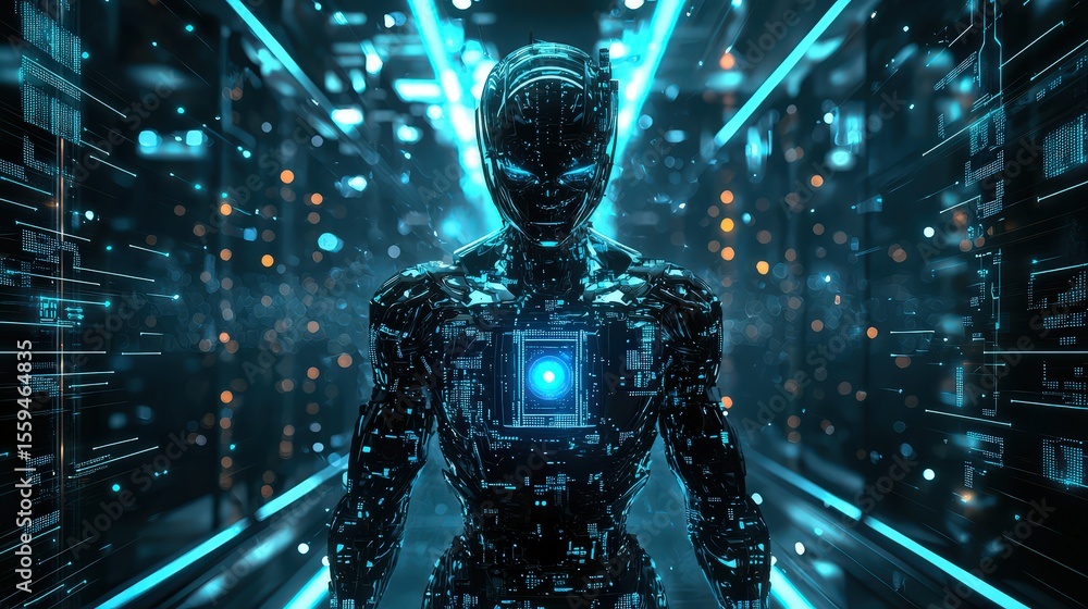 Aufkleber Futuristic humanoid robot with glowing blue digital core tech lab digital art sci-fi environment front viewpoint