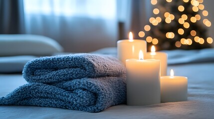 Cozy Winter Bedroom Scene with Candles and Towels