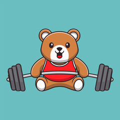 Cartoon bear lifting a barbell weight, wearing a red tank top, on a blue background.