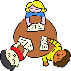 Hand Drawn Vector Illustration Of A Group Of Kindergarten Student Kids Reading A Book