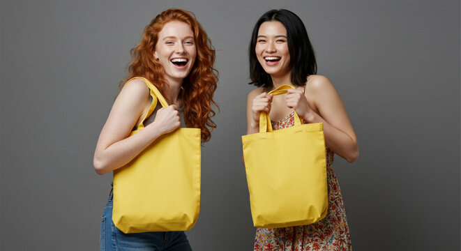 Two diverse women holding yellow tote bags studio portrait