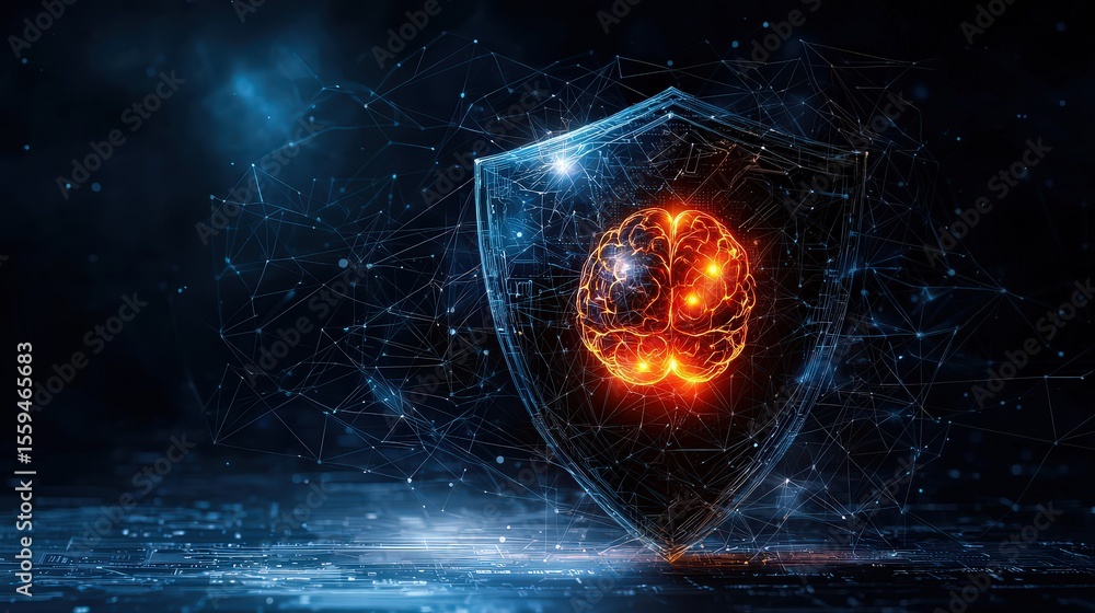 Aufkleber Digital brain interconnected with shield symbol futuristic setting 3d visualization cybersecurity concept
