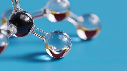Close-up of a molecular structure model with glass-like spheres and rods on a bright blue background, highlighting scientific and chemical concepts.