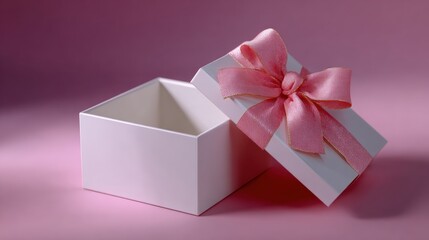 Obraz premium Open white gift box with a pink ribbon on a pink background, symbolizing celebration and surprise.