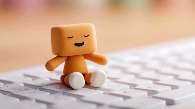 Cute minimalist small clay robot sitting on white keyboard keys with adorable expression in soft warm lighting, charming and delightful scene