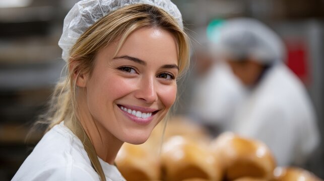 Smiling baker in a commercial kitchen, wearing a hairnet and apron, surrounded by freshly baked bread. - Powered by Adobe