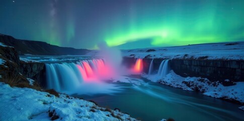 Godafoss's icy cascade illuminated by vibrant aurora , northern lights, geology