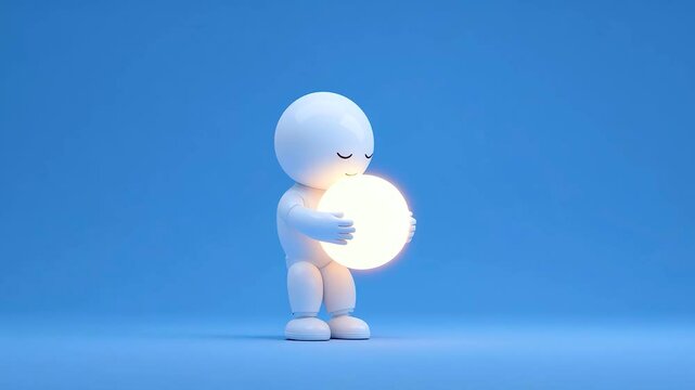 Minimal robot hugging glowing sphere of light blue background symbolizing harmony warmth futuristic calmness and peaceful expression minimal style