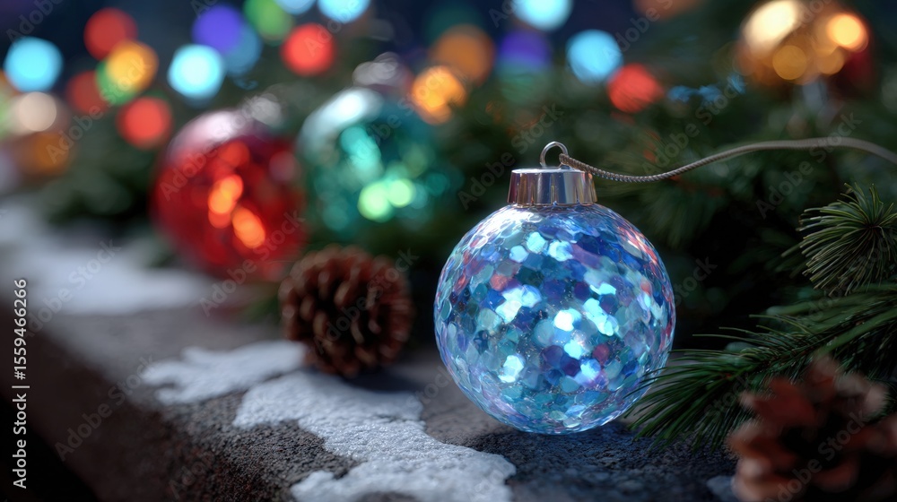 Canvas Prints festive christmas ornaments with colorful lights and pine cones on a snowy surface, creating a warm 