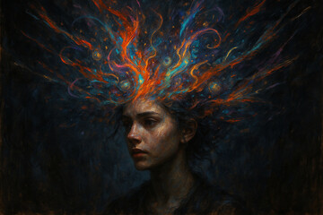 Creative portrait of a woman with a mind exploding in vibrant colors, energy and imagination in an artistic and expressive style.