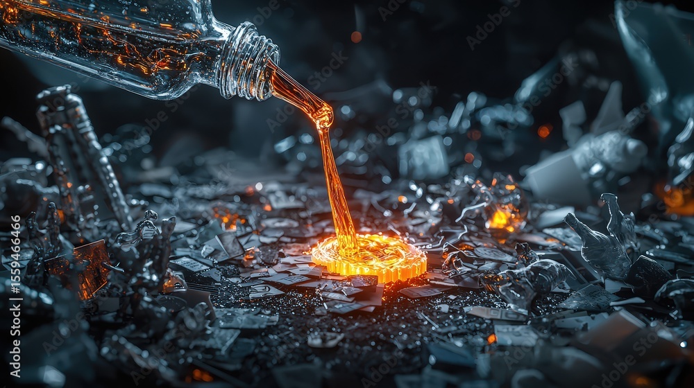 Poster glowing adhesive pouring from glue bottle onto fragmented material in dark workshop - 3d close-up vi