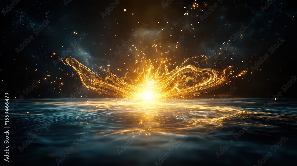 Poster Golden energy ripple spreading across dark void abstract visual art cosmic environment dynamic viewpoint