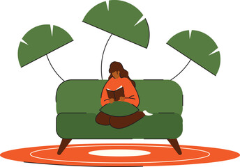 A Woman Reading A Book Indoor On Her Sofa Surrounded By Plant Vector Flat Illustration