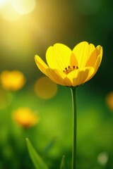 Golden buttercup bathed in sunlight, bokeh effect, lush green background, flower, illuminated, outdoor