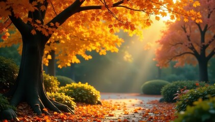 Golden ginkgo leaves illuminate autumn garden , park, texture, treetop