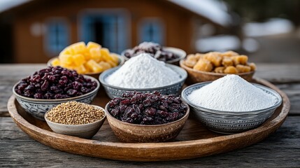Assorted dried fruits and spices in small bowls.