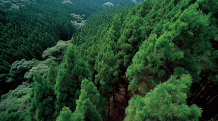 Fototapeta premium Aerial view of a dense, lush green forest with towering coniferous trees creating a serene and natural landscape.