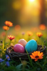 Golden hour light illuminates colorful eggs nestled amongst wildflowers , wildflowers, morning, scenic