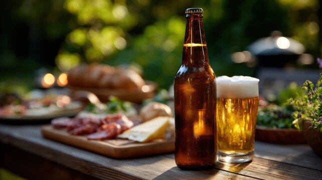 A cold beer bottle and a frothy glass on a wooden table, surrounded by charcuterie and cheese, set against a lush garden backdrop.