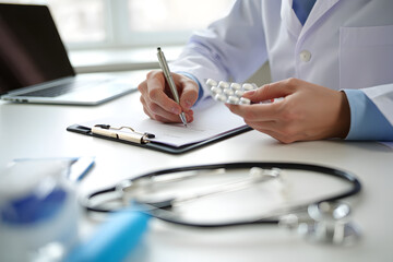 Fototapeta premium Doctor writing prescription, holding pills, medical clipboard, professional healthcare, modern clinic.