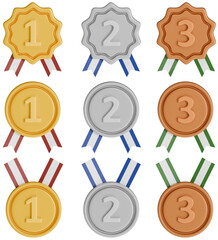 1등 2등 3등 메달 세트 3D 일러스트 / 1st 2nd 3rd Place Medal Set 3D Illustration