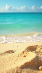 Golden sand, blurred turquoise ocean Summer beach scene , horizon, bright, golden