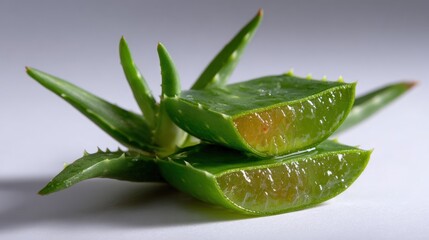 Fototapeta premium Close-up of fresh aloe vera leaves, cut to reveal the clear, gel-like interior, set against a soft, neutral background.
