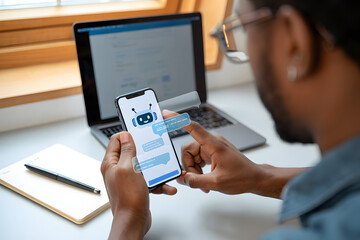 African American man using AI chatbot app on smartphone, laptop in background, modern workspace, professional, focused.