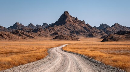 Fototapeta premium Winding dirt road through a dry, mountainous landscape.