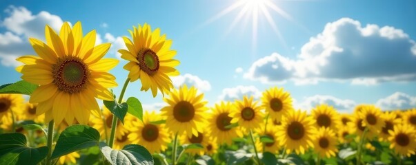 Golden sunflowers bask in summer sun, vibrant petals reaching for the sky , vibrant, petals