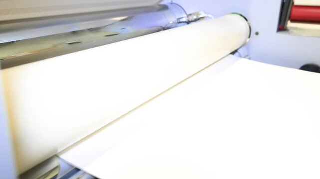 An industrial laminator works by laminating, applying a transparent film to paper in the production room of a printing house
