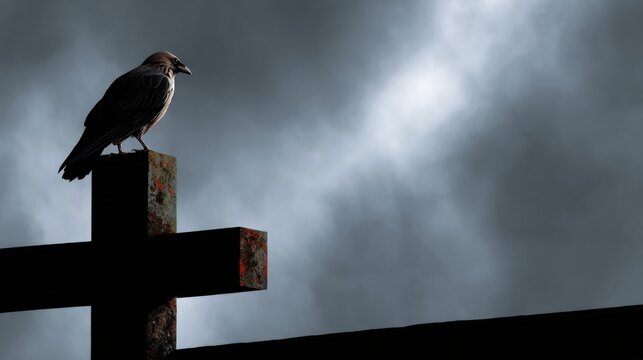 A solitary crow perched on a weathered cross against a dramatic, cloudy sky, evoking themes of mystery and solitude. - Powered by Adobe