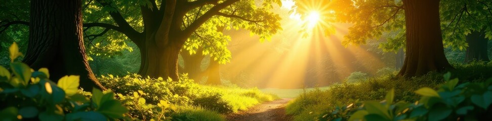 Golden sunlight filters through lush canopy, illuminating vibrant foliage , freshness, rainforest, Eden
