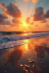 Golden sunrise paints sky, reflecting on wet sand, tranquil ocean , tranquil, light