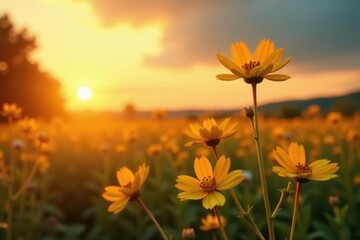 Golden sunset illuminates swaying wildflowers, soft focus , botanical, colorful