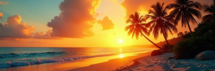 Golden sunset casts long shadows on palm trees, tranquil beach , scene, tropical beach, view