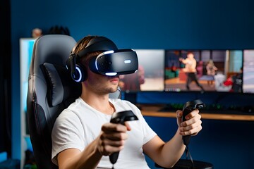 Young man wearing virtual reality headset and holding controllers playing video game